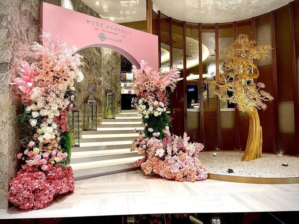 Pink floral entrance installation for a private celebration