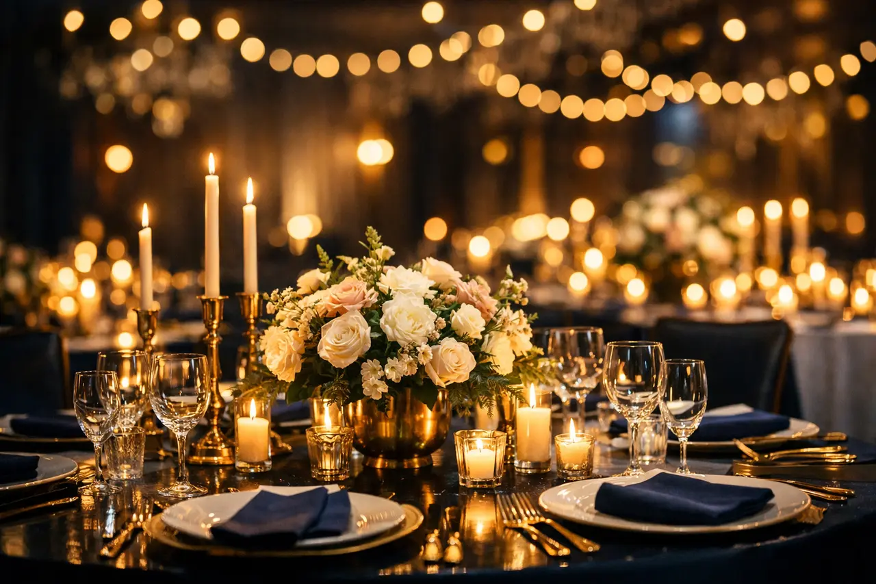 Formal dinner styling with warm candlelight and ivory florals