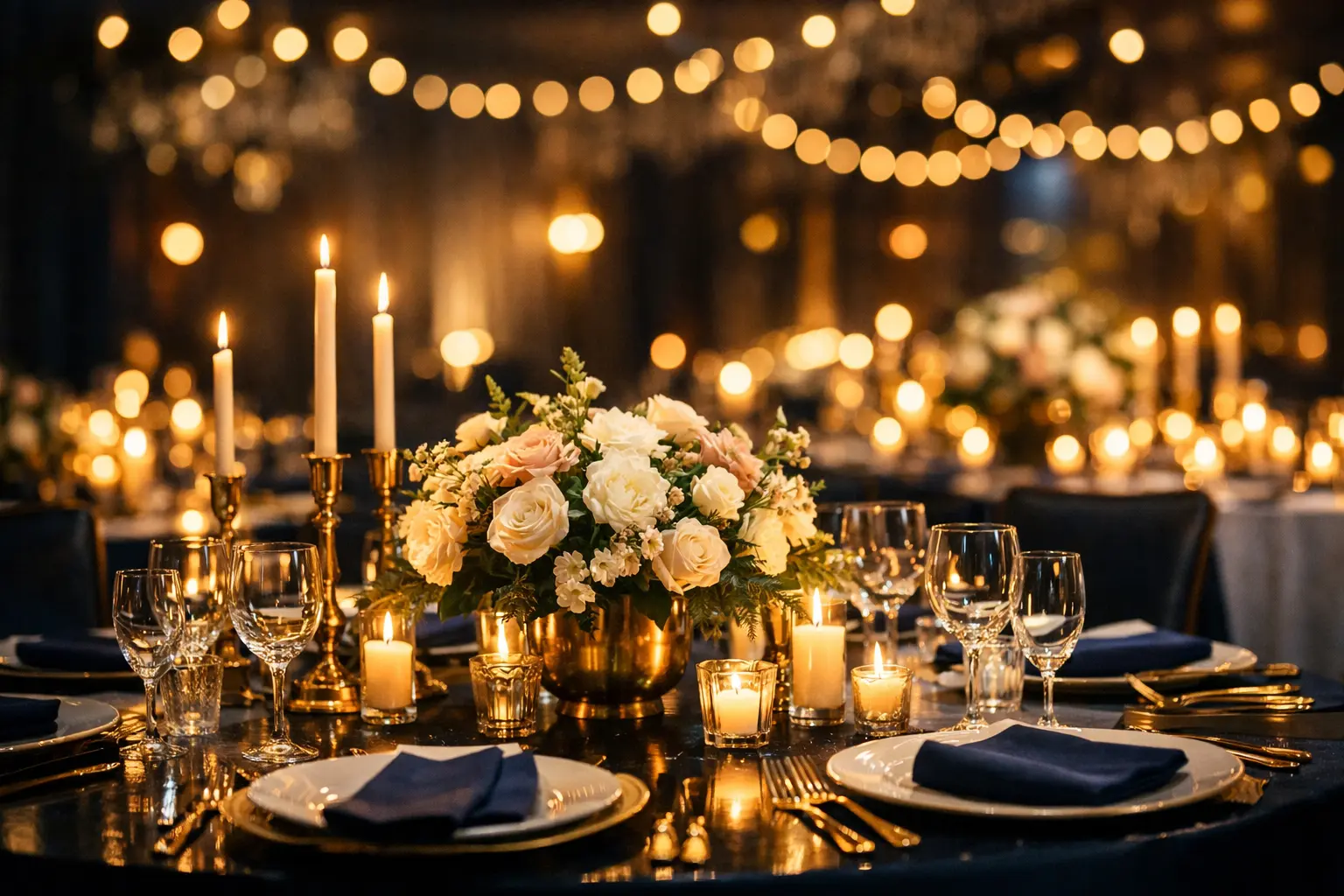 Candlelit black-tie dinner styled with ivory florals and warm ambient lighting